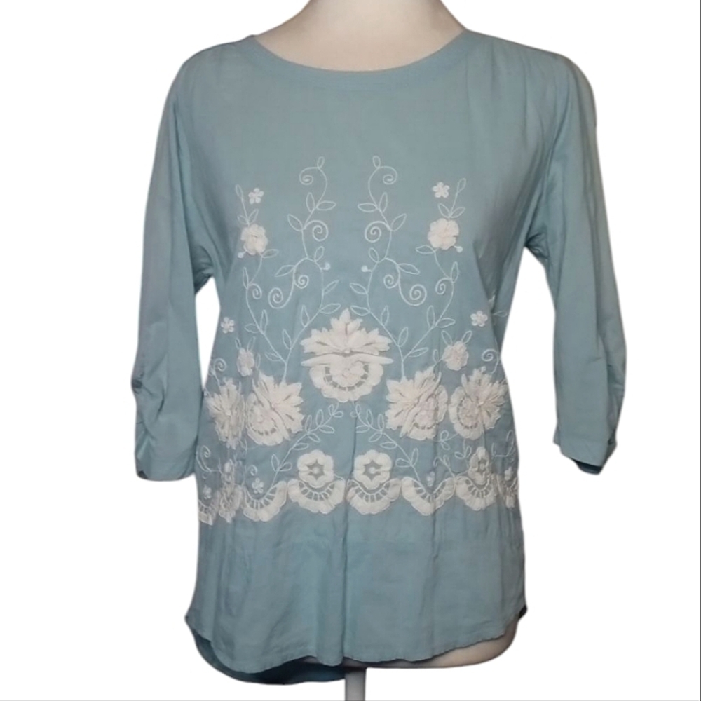 Boden Light Blue White Floral Embroidery Cotton Ruched 1/2 Sleeve Blouse Size 2